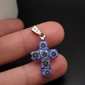 Cute Blue Floral Murano Glass Cross Italy Sterling Silver Pendant